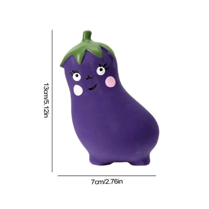 Cartoon onion and eggplant latex dog chew toy in green, orange, or purple colour options.