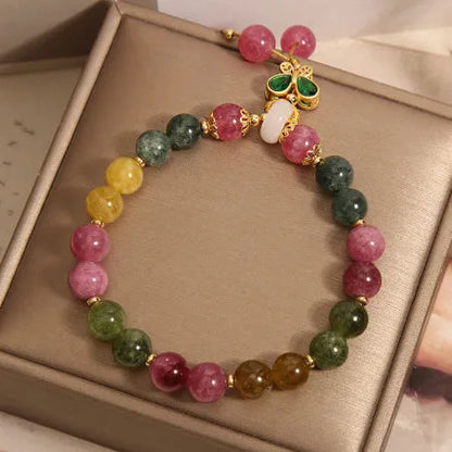 Colourful butterfly pendant tourmaline bracelet with natural jade stones and rhinestone decoration on alloy setting