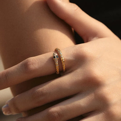 Adjustable snake-shaped copper ring with gold colour plating for index finger