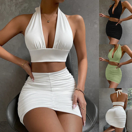 Elegant 2-piece dress suit featuring a halter lace-up top and pleated knee-length skirt in a variety of fashion colors