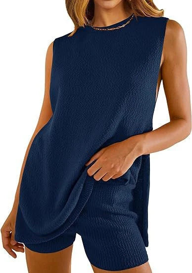 Stylish two-piece knit jumpsuit in a variety of vibrant colors, featuring a split-front top and comfortable shorts