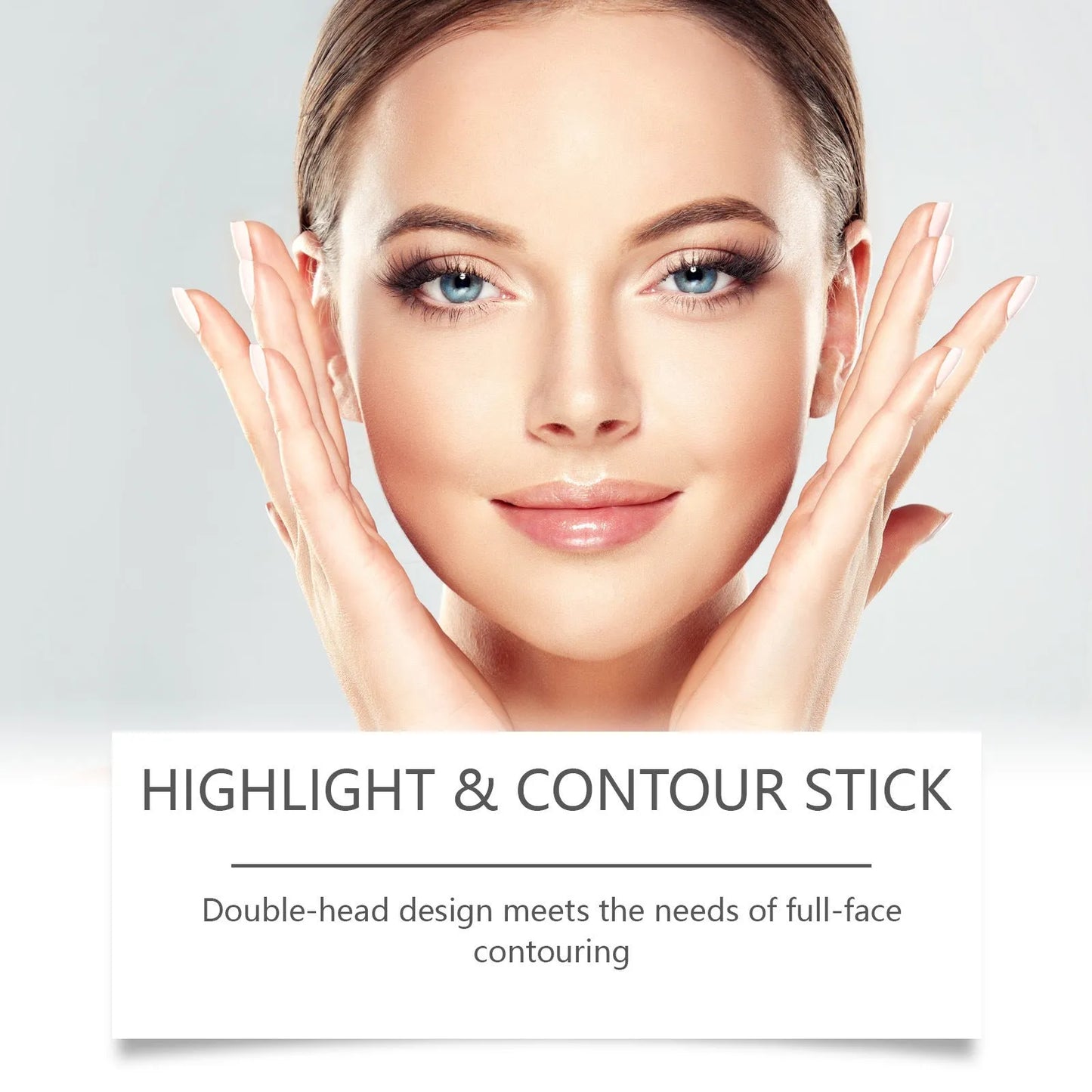 Dual-ended cream highlight and contour makeup stick showing three colour finish options