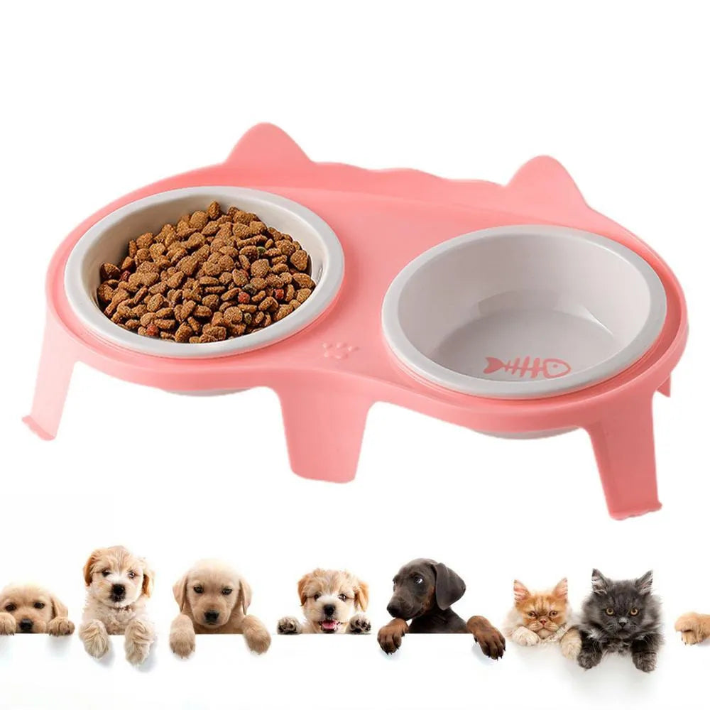 Ceramic cat food and water bowl set in elevated tilted stand, shown in blue, pink, white, and yellow colour options.