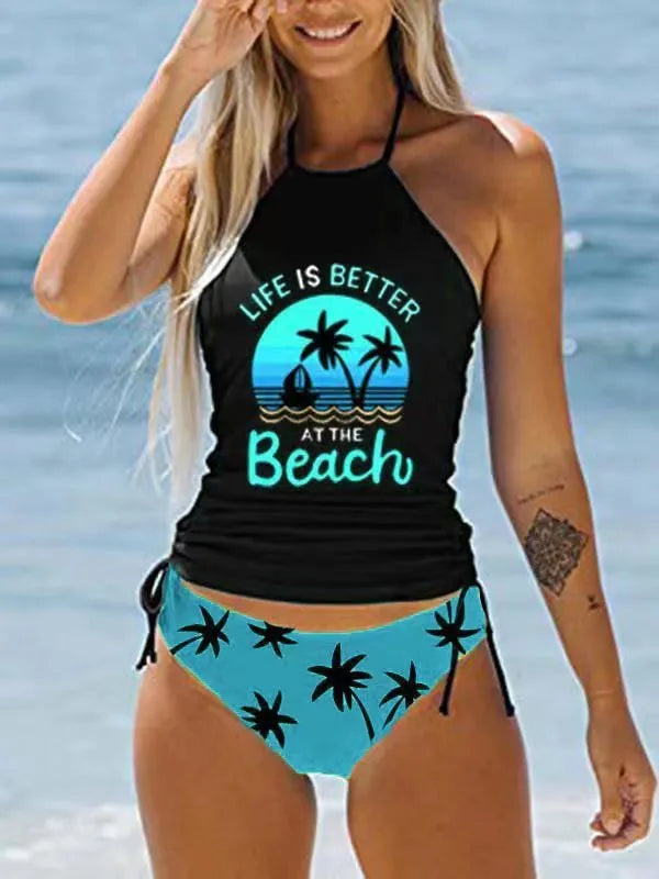 Conservative European and American women's colourful split pattern swimsuit for swimming.