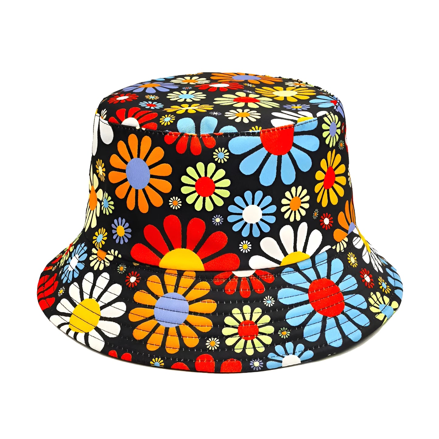 Flower print polyester bucket sun hat with dome crown in size M for 56-58cm head circumference