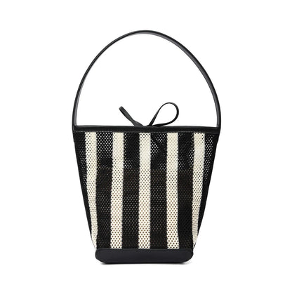 Black and white striped woven fabric women's shoulder bag with bucket shape