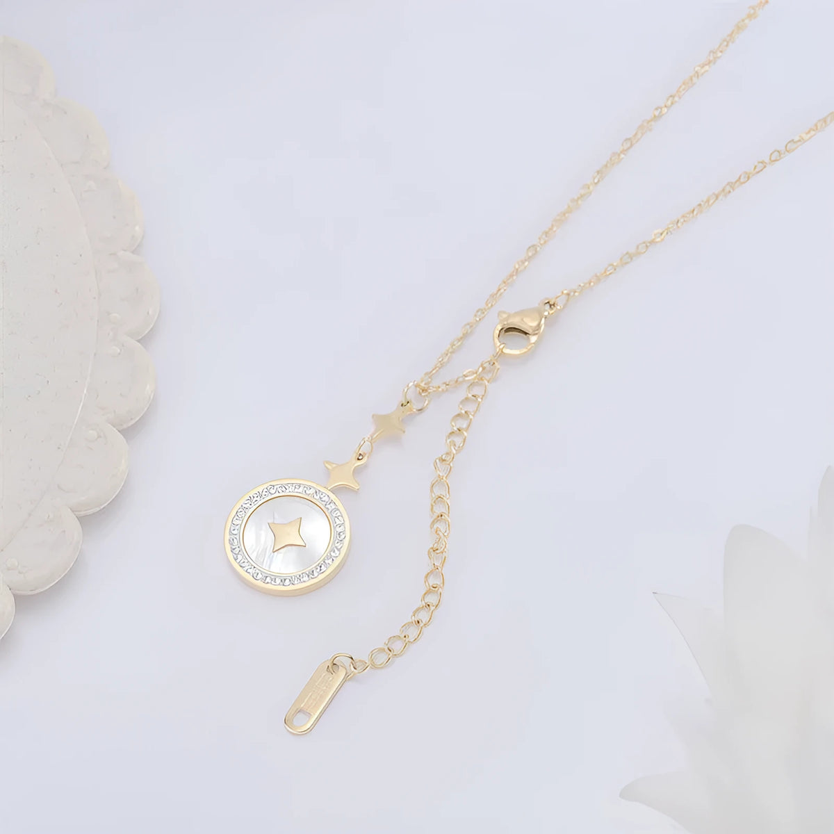 Titanium steel necklace with hexagonal star pendant on O-ring chain in gold finish