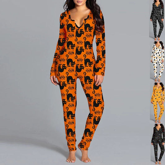 Cozy and stylish Halloween-themed pajama jumpsuit with long sleeves and a variety of color options