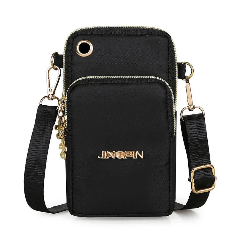 Nylon small crossbody shoulder bag with 3-layer zipper, card slot, square vertical shape, letter pattern, in red, dark blue, black or dark purple.