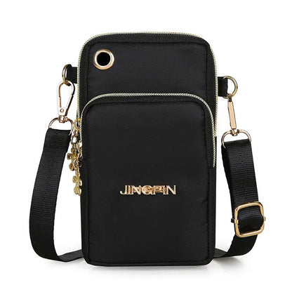 Nylon small crossbody shoulder bag with 3-layer zipper, card slot, square vertical shape, letter pattern, in red, dark blue, black or dark purple.