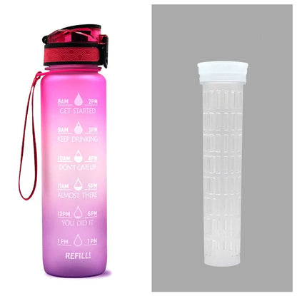 Blue and red gradient 1 litre Tritan sports water bottle with time markers and a flip-top lid.