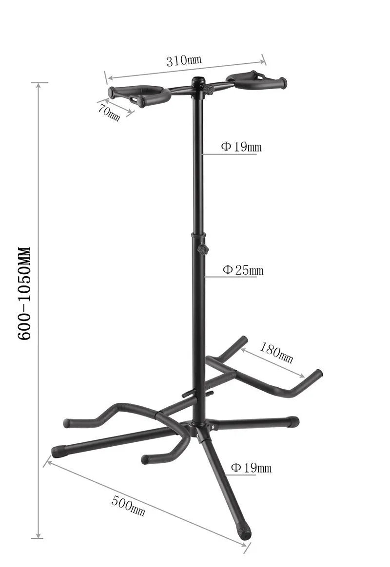 Black vertical double-headed adjustable guitar stand with protective rubber coating