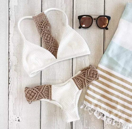 Women's knitted khaki bikini with chest pads for comfort