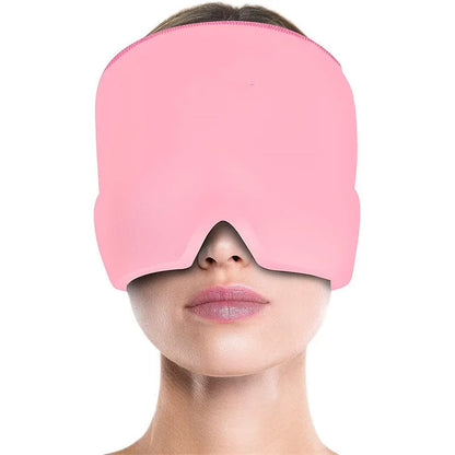 Black elastic cloth gel cold compress eye mask for headache relief on a grey background.