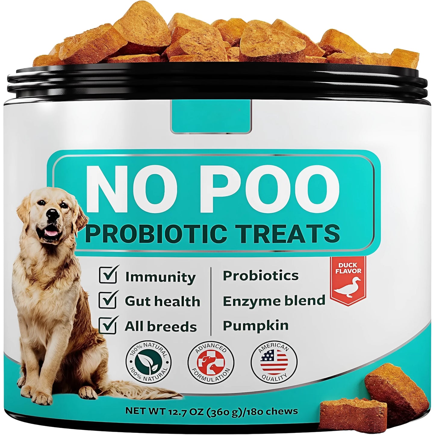 Container of 180 pumpkin-flavour chewable probiotic tablets for dog intestinal health