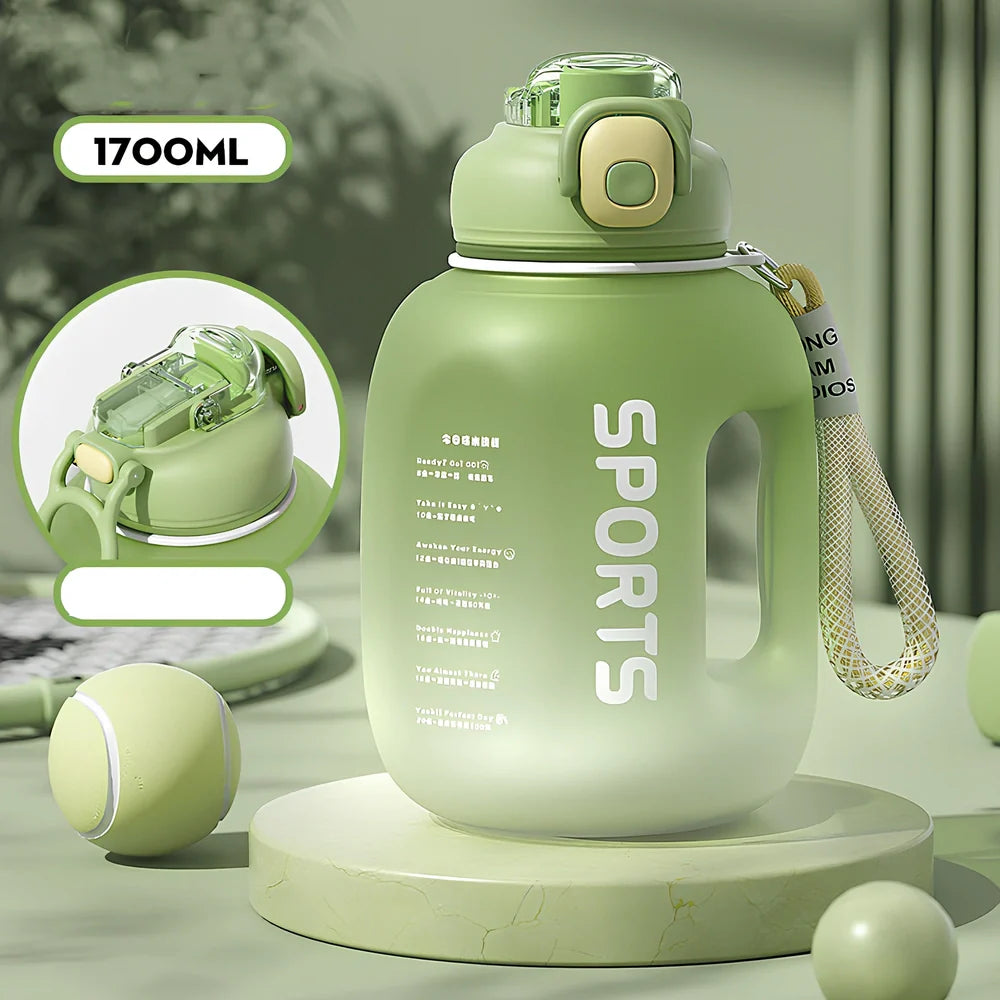 Red 1.7L portable sports water bottle in ton ton barrel shape, 22cm tall with 13.3cm diameter for outdoor fitness use
