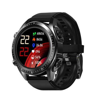 Black smart watch with health monitoring on a silicone strap, showing a blood pressure reading on its 1.28-inch screen.