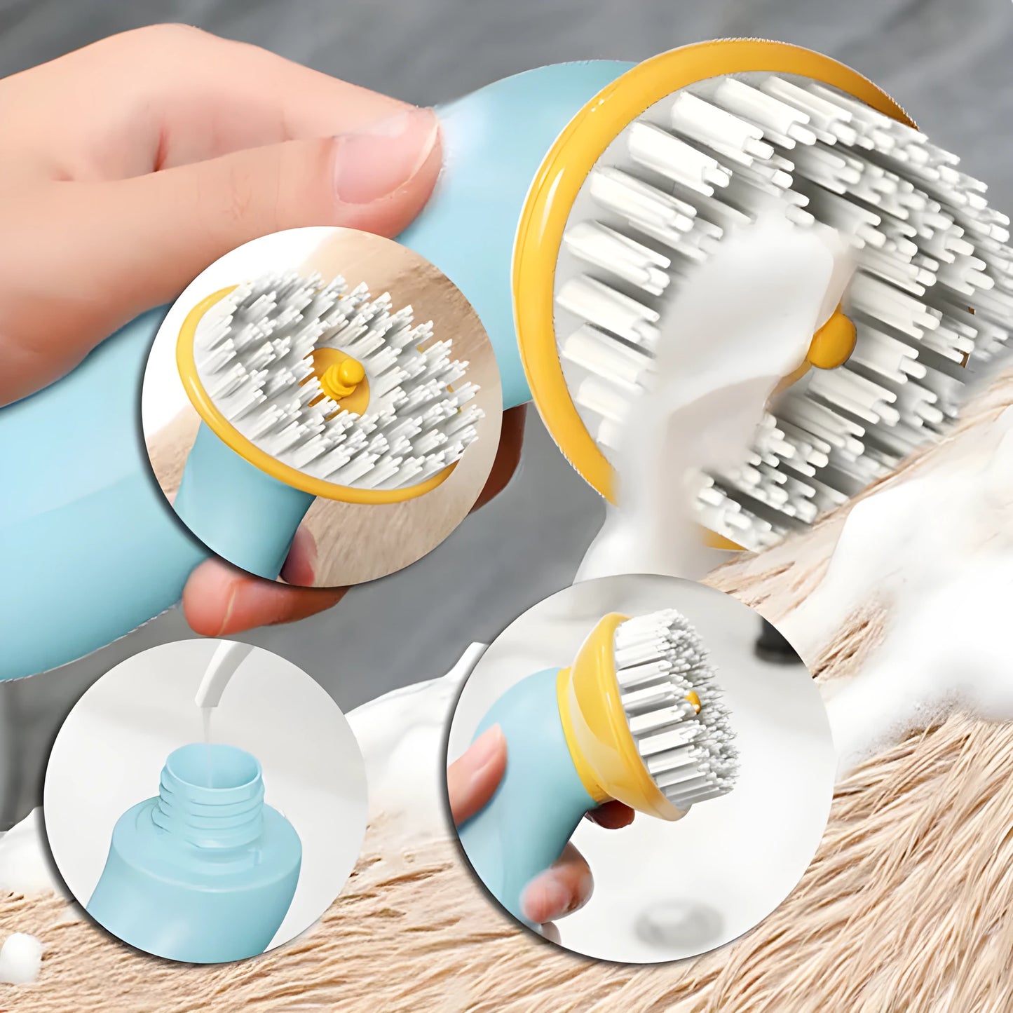 Blue hand-held pet bath brush with soft bristles for dog and cat grooming.