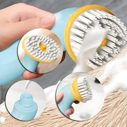 Blue hand-held pet bath brush with soft bristles for dog and cat grooming.