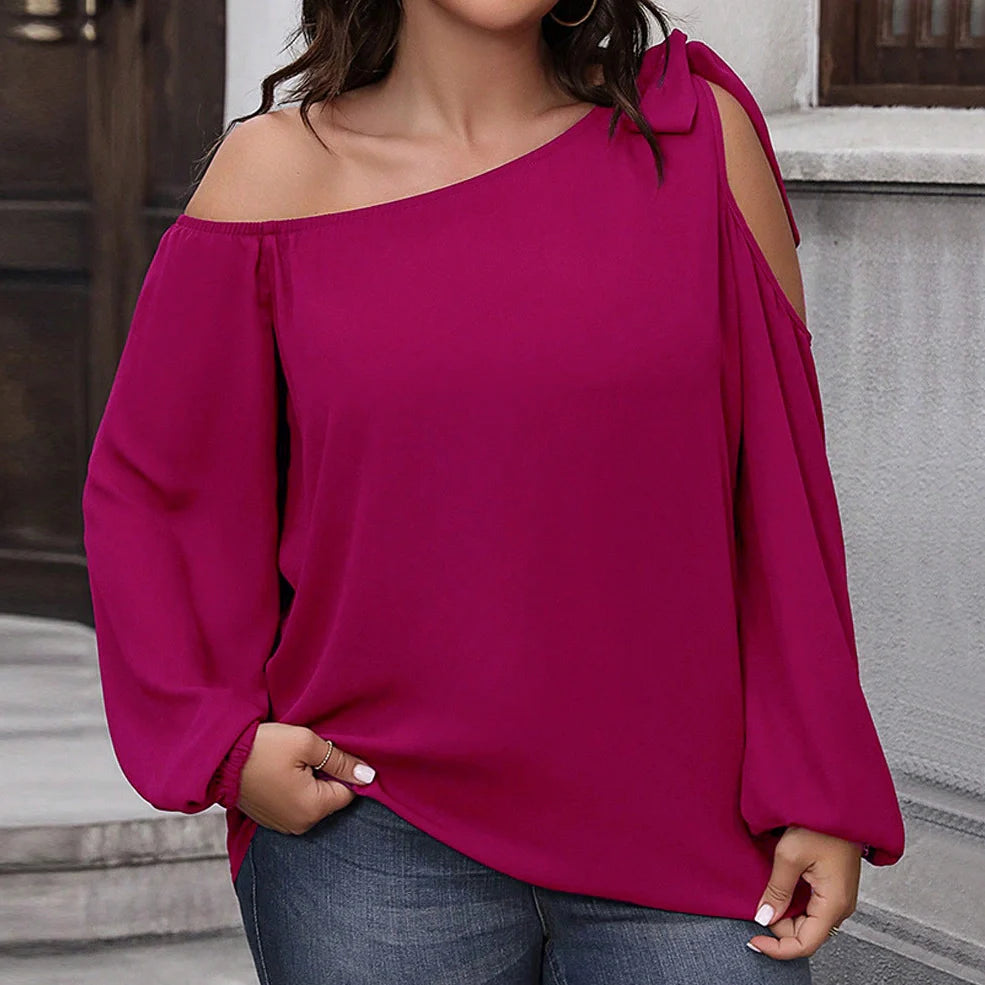 Rose red women's knit top with hollow-out collage design and long sleeves