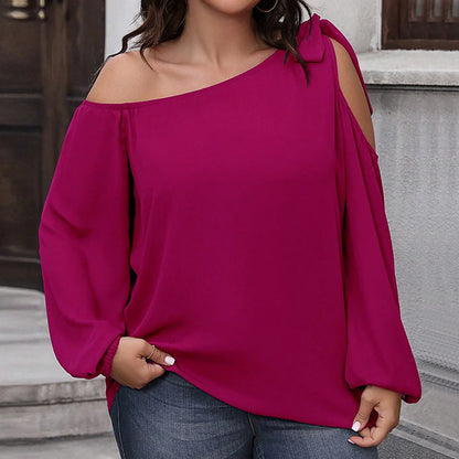 Rose red women's knit top with hollow-out collage design and long sleeves