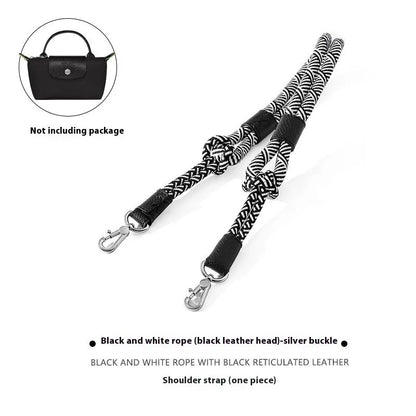 Braided rope and leather shoulder strap with a metal buckle in gold or silver finish