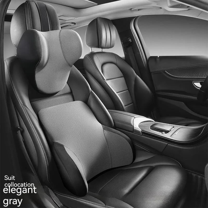 Memory foam car lumbar support pillow and matching headrest in knitted fabric with latex filler