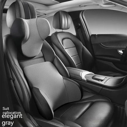 Memory foam car lumbar support pillow and matching headrest in knitted fabric with latex filler