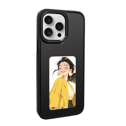 NFC projection screen e-ink phone case with bracket in Graphite Black, Green, and Pink for iPhone Pro models.