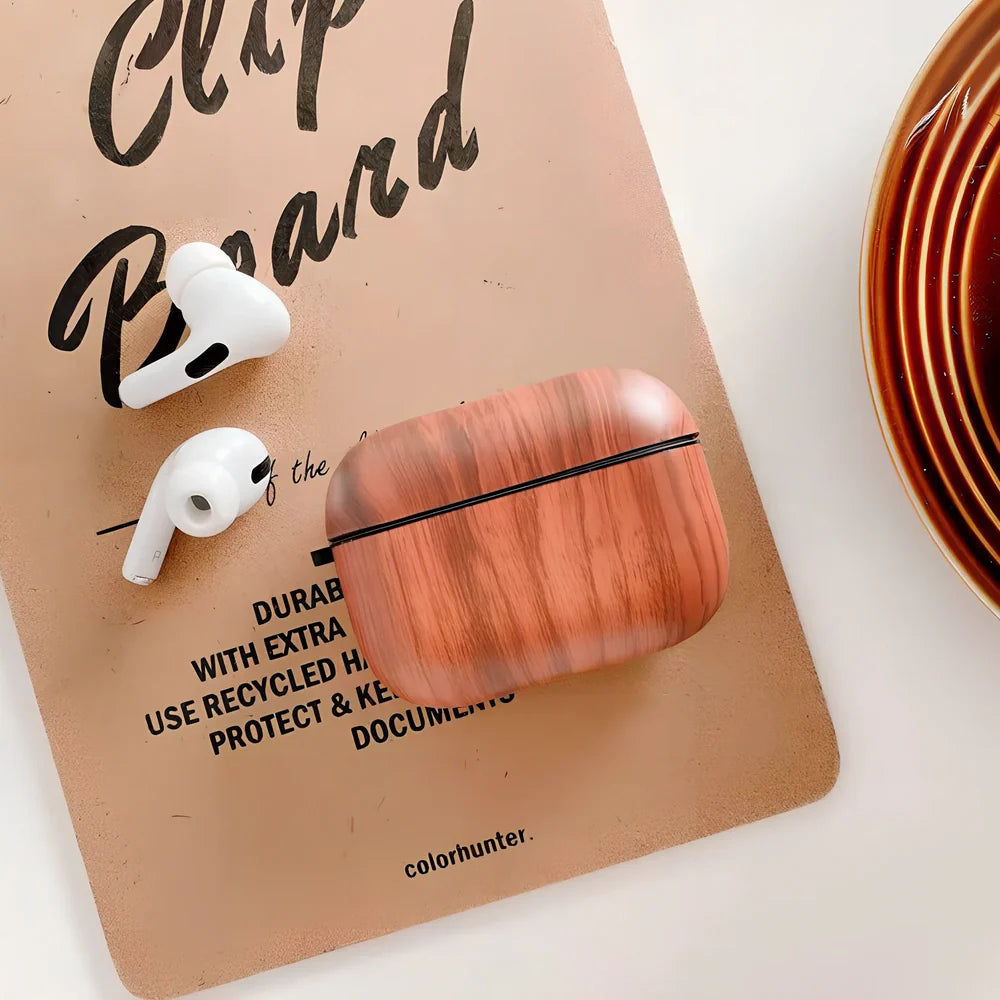 Dark brown wood grain IMD soft shell case for AirPods Pro, clamshell design with precise fit and drop protection