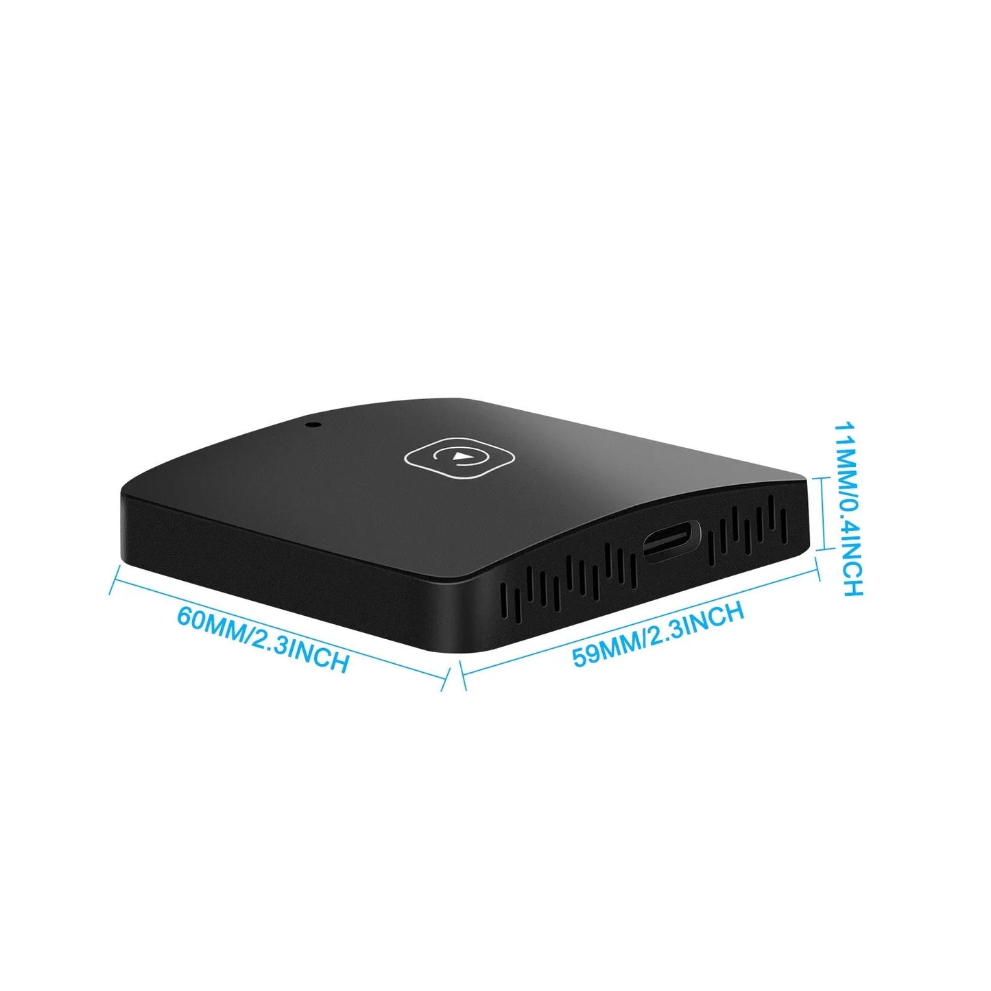 Black universal wireless CarPlay and Android Auto adapter module with connection cables.