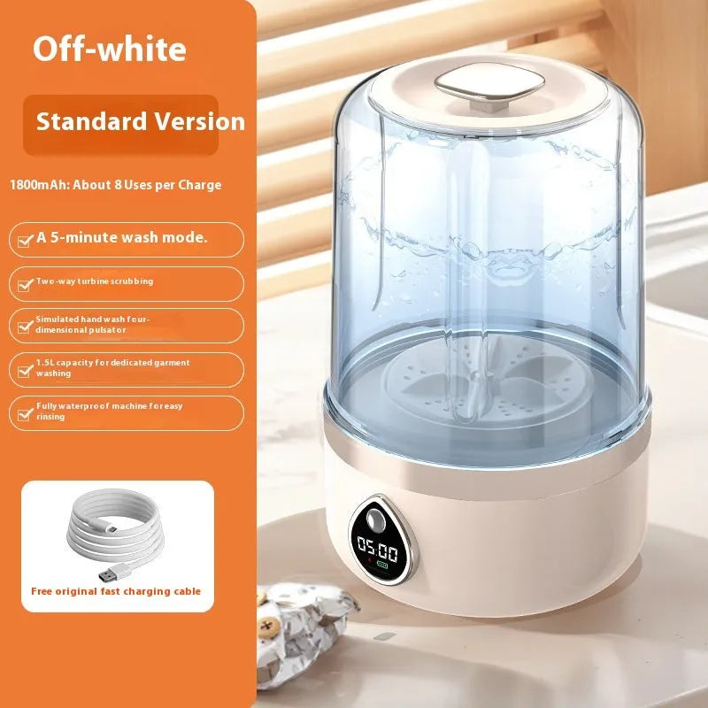 White portable USB-powered mini washing machine showing 13.5cm width and compact design