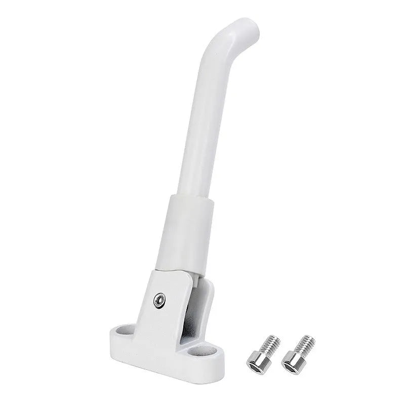 Aluminium electric scooter foot brace accessory in black, white and grey colours with mounting screws