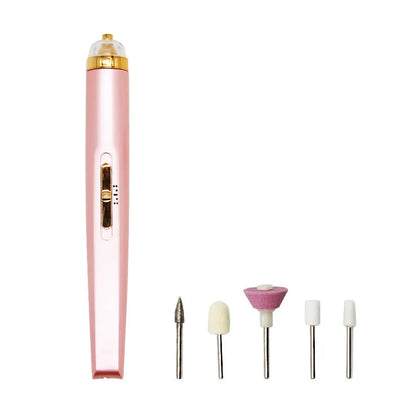 Cordless electric nail drill polisher set with USB charging cable and five grinding heads in white, red, pink colours