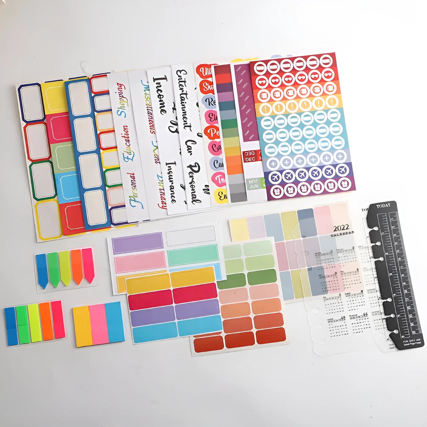 Handwritten label adhesive sticker set showing grid layouts, sticky notes, and A6 rulers on paper