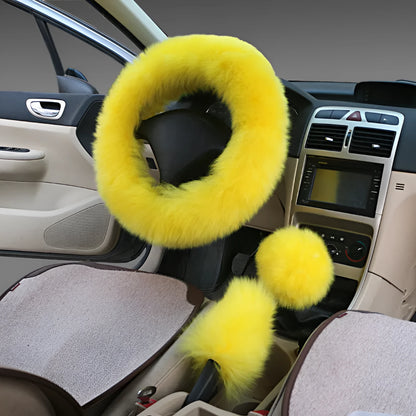 Wool steering wheel cover and handle cover set for car interiors