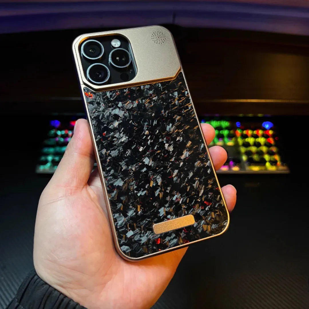 Frameless metal aromatherapy phone case with forged fiber pattern and magnetic charging for iPhone 15 Pro to 16 Pro Max