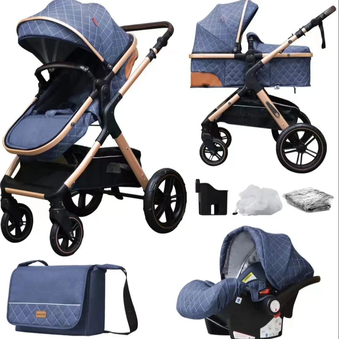 Lightweight folding multi-function baby cart with iron pipe frame, high landscape seat, 15kg load, in khaki or grey
