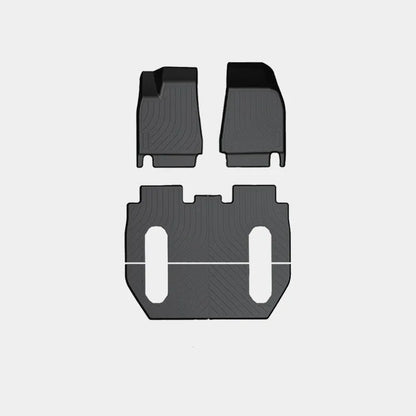 Tesla Model X waterproof car mats set showing front, rear, and tailbox protection for 2016-2023 vehicles