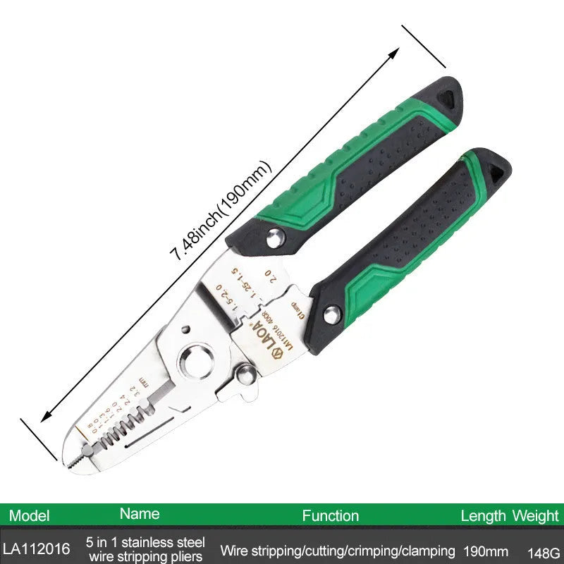 Stainless steel wire stripper tool with a two-colour handle showing seven different sized stripping holes.