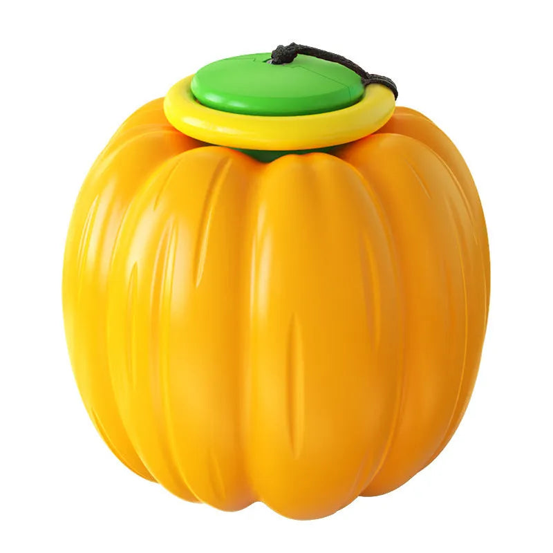 Green, orange, and yellow pumpkin-shaped plastic dog ball with squeaker for small dogs.