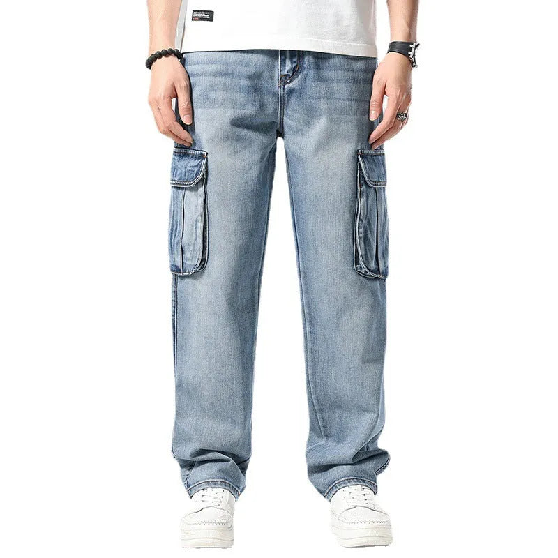 Men's high-waisted loose denim trousers with multiple pockets showing straight leg opening
