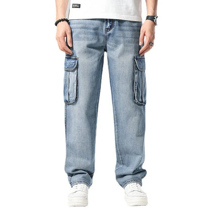 Men's high-waisted loose denim trousers with multiple pockets showing straight leg opening