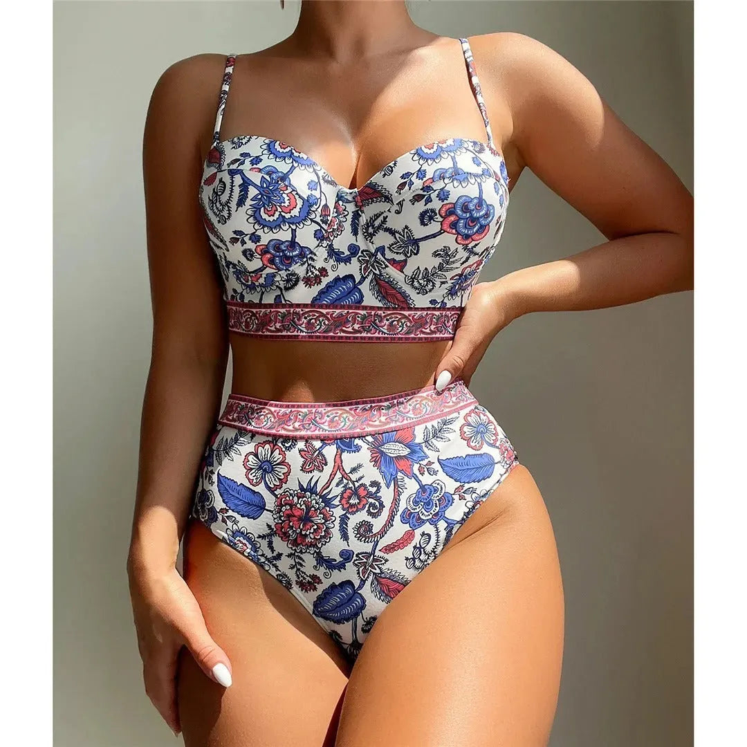 Blue women's high waisted push up bikini swimsuit with sleeveless design