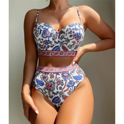 Blue women's high waisted push up bikini swimsuit with sleeveless design
