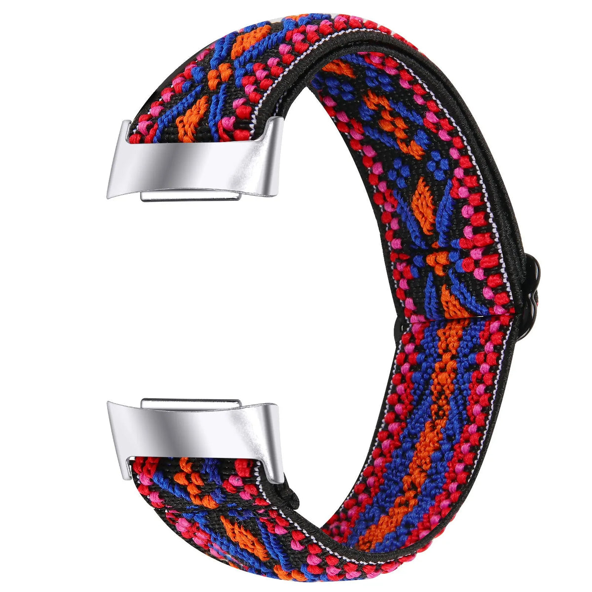 Printed elastic watch strap compatible with Fitbit Charge 6 shown in adjustable position