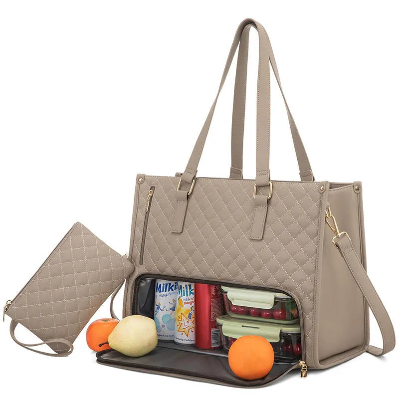 Women's quilted insulated lunch tote bag with laptop compartment and matching wallet in seven colour options