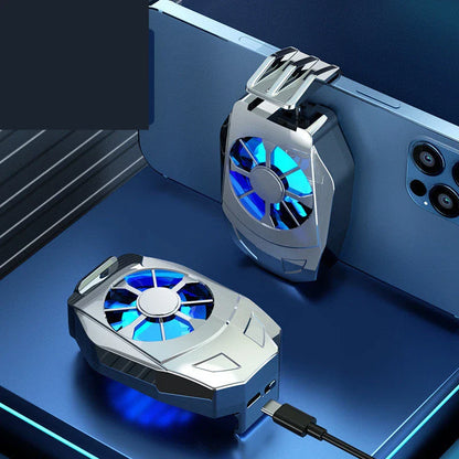 Powerful mobile phone cooling fan with stand and gamepad holder, featuring a 9-blade fan, turbine exhaust technology, and a compact, universal design for optimal mobile gaming performance.