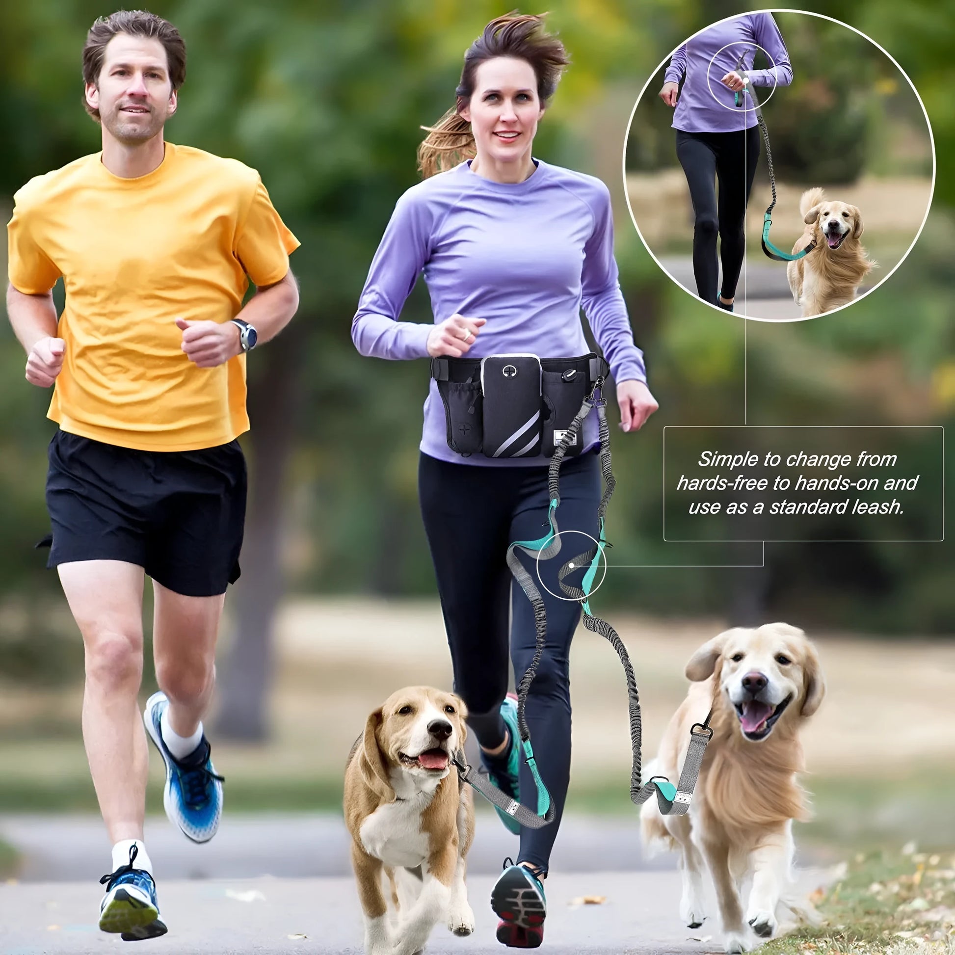 Black nylon dog walking set with adjustable waist bag, leash, and collar for outdoor pet training