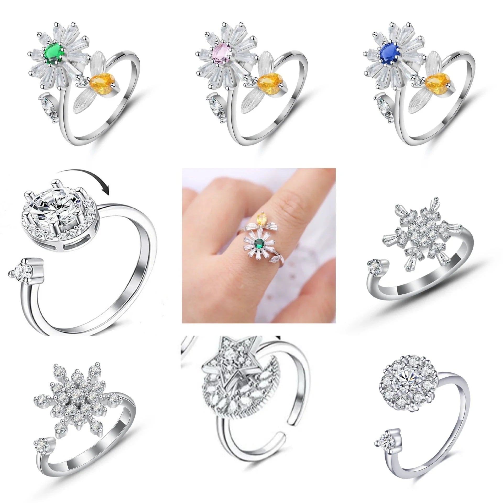 Adjustable spinner ring with rotating floral, geometric, and nature-inspired motifs for women's fashion and stress relief